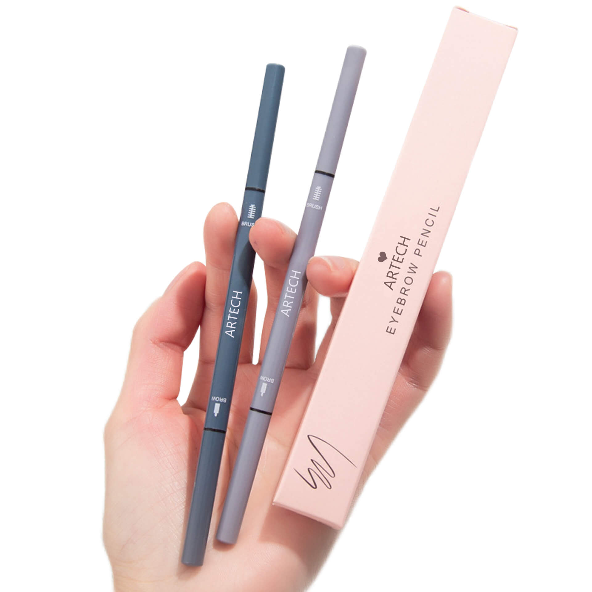 blush-eyebrow-pencil-boxes slim eyebrow pencils in blue-grey and light purple colors boxes