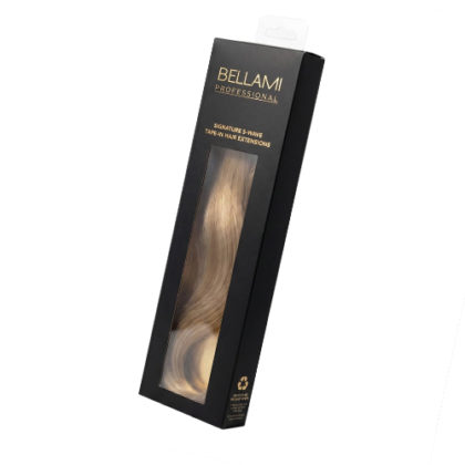 Black custom hair extension boxes with gold foil logo and window cutout