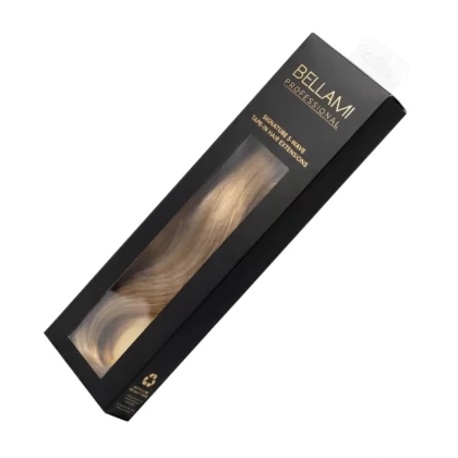 Black custom hair extension boxes with gold foil logo and window cutout